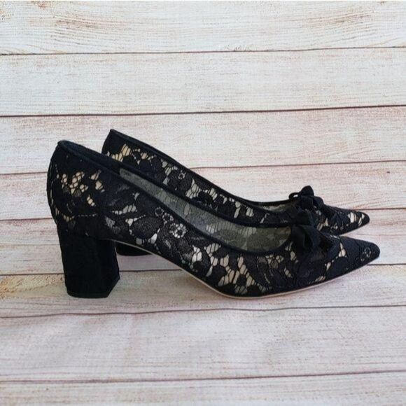 Kate Spade Lace Leather & Suede Pointy Toe Block Heel Shoes Black Size 8 - Picture 2 of 11